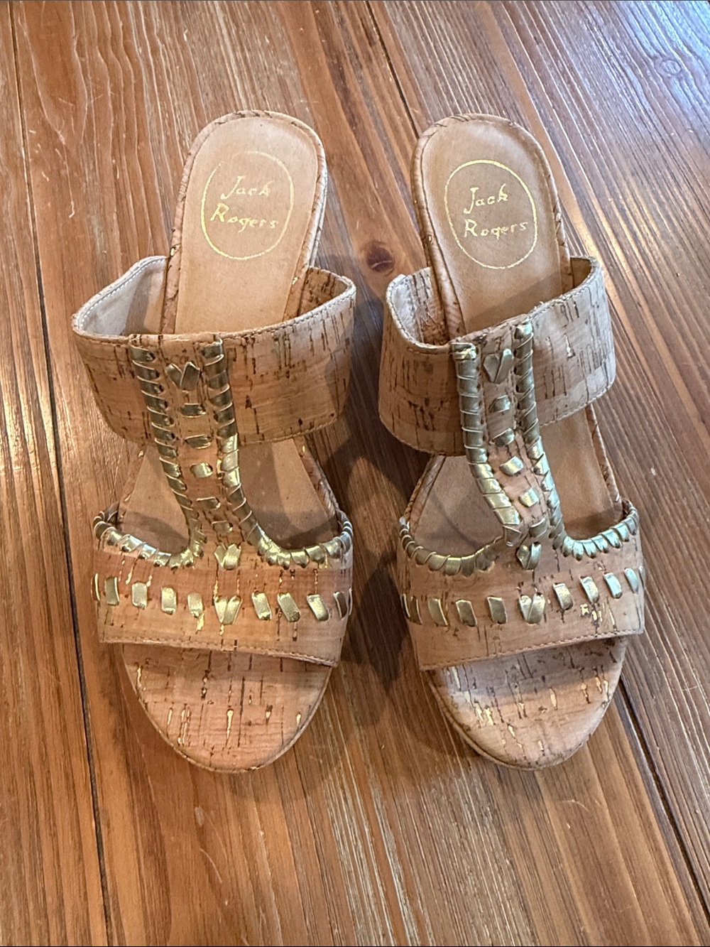 Jack Rogers Nora Cork Wedge Sandals, Gold Leather Accents (Size 8)